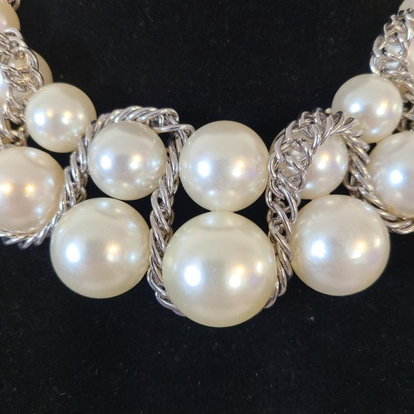 Vintage Statement Collar Necklace Graduated Faux Pearls Silver Chain Weave - Picture 3 of 12